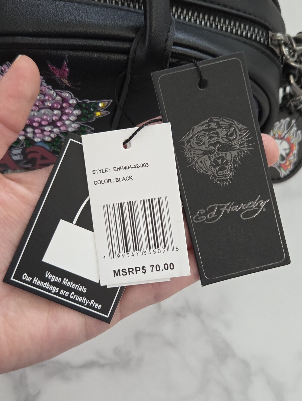 Ed Hardy Tiger Rose Tattoo Black Vegan Leather Barrel Bag NWT Charms Edgy - Picture 11 of 16